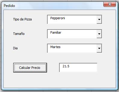 dibujo4 Excel Avanzado, Formulario para Calcular el Costo de una pizza