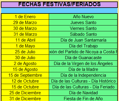 FECHAS FESTIVAS COSTA RICA