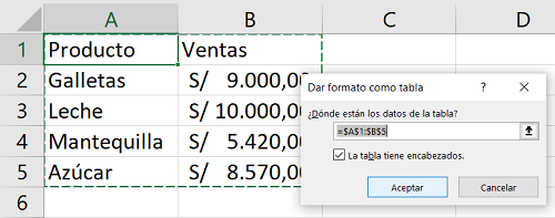 Tablas de datos en Excel tecla de atajo